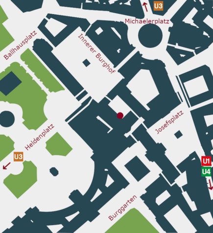 Location of the Imperial chapel. East of Heldenplatz, south of Michaelerplatz and Innerer Burghof and west of Josefsplatz
